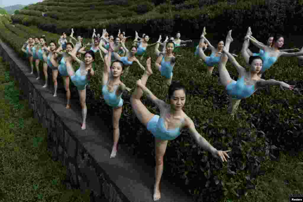 Girls perform yoga at a tea plantation as a part of TV program selecting members for a female performance group in Hangzhou, Zhejiang Province, China, April 17, 2016.