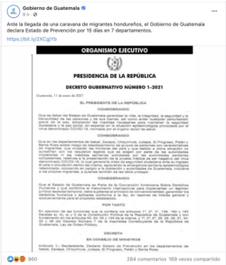 Ante la llegada de una caravana de migrantes hondureños, el Gobierno de Guatemala declara Estado de Prevención por 15 días en 7 departamentos.