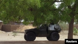 A military armored vehicle is stationed under a tree during a military patrol in Hausari village, near Maiduguri Jun. 5, 2013.