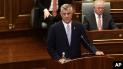 Kosovo's new president Hashim Thaci addresses lawmakers after a swearing-in ceremony at the Parliament in Pristina, April 7, 2016. 