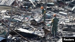 Handlers and their dogs carry out a search amidst the wreckage of houses destroyed in an explosion at the San Pablito fireworks market outside the Mexican capital, in Tultepec, Mexico, Dec. 21, 2016. 