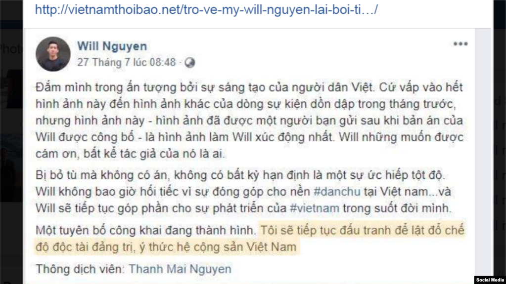 Vietnamthoibao.net đăng Facebook của Will Nguyễn có ghép thêm dòng màu vàng bị tác giả phát hiện. 30/7/2018. Facebook Will Nguyễn