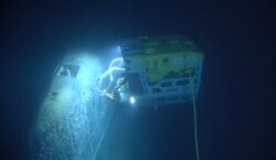 The remotely operated vehicle called Aegir 6000 examines the wreck of the Soviet nuclear submarine Komsomolets, southwest of Bear Island in the Norwegian Arctic, Norway, in this handout image released July 10, 2019.