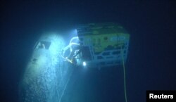 The remotely operated vehicle called Aegir 6000 examines the wreck of the Soviet nuclear submarine Komsomolets, southwest of Bear Island in the Norwegian Arctic, Norway, in this handout image released July 10, 2019.