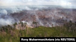 Tampak udara kebakaran hutan yang terjadi di dekat Desa Bokor, Kabupaten Kepulauan Meranti, Provinsi Riau, 15 Maret 2016. (Foto: Rony Muharrman/Antara Foto via REUTERS) 