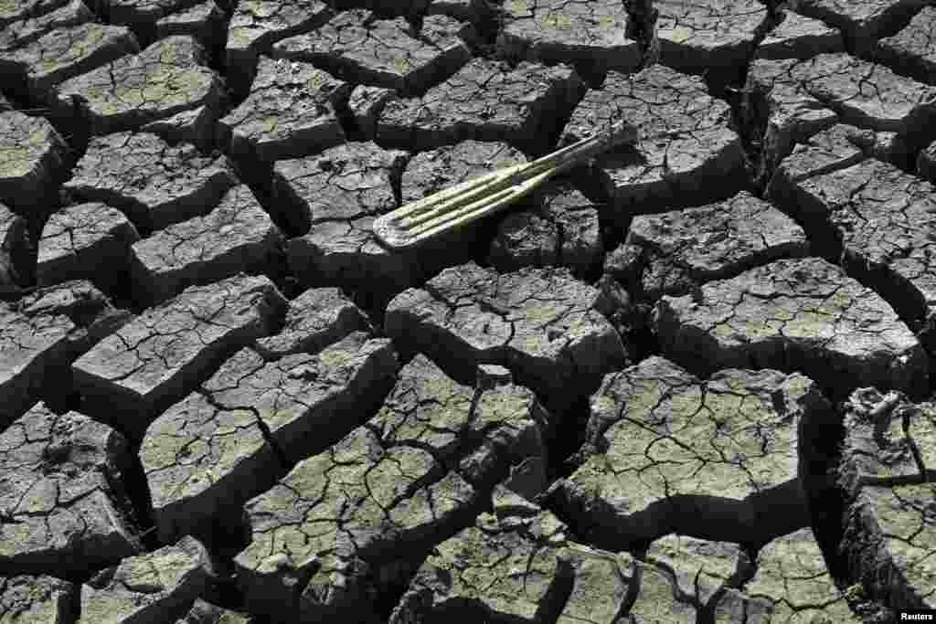 A boat paddle is seen on the bottom of the nearly dry Almaden Reservoir near San Jose, California, USA, Jan. 21, 2014. California Governor Jerry Brown last week declared a drought emergency.