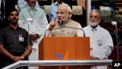 Indian Prime Minister Narendra Modi speaks after the successful launch of the Polar Satellite Launch Vehicle (PSLV-C23) in Sriharikota, India, June 30, 2014. 
