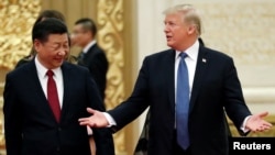 Tổng thống Mỹ Donald Trump (phải) và Chủ tịch Trung Quốc Tập Cận Bình tại buổi dạ yến khi ông Trump tới Bắc Kinh vào ngày 9/11/2017. 