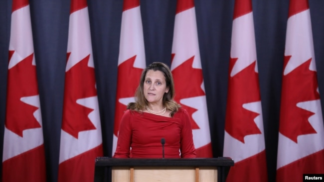 加拿大外长弗里兰在渥太华举行的记者会上讲话。(2018年12月12日)