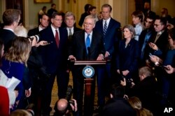 Senate Majority Leader Mitch McConnell, R-Ky., speaks to reporters during a news conference, Dec. 10, 2019, on Capitol Hill in Washington.