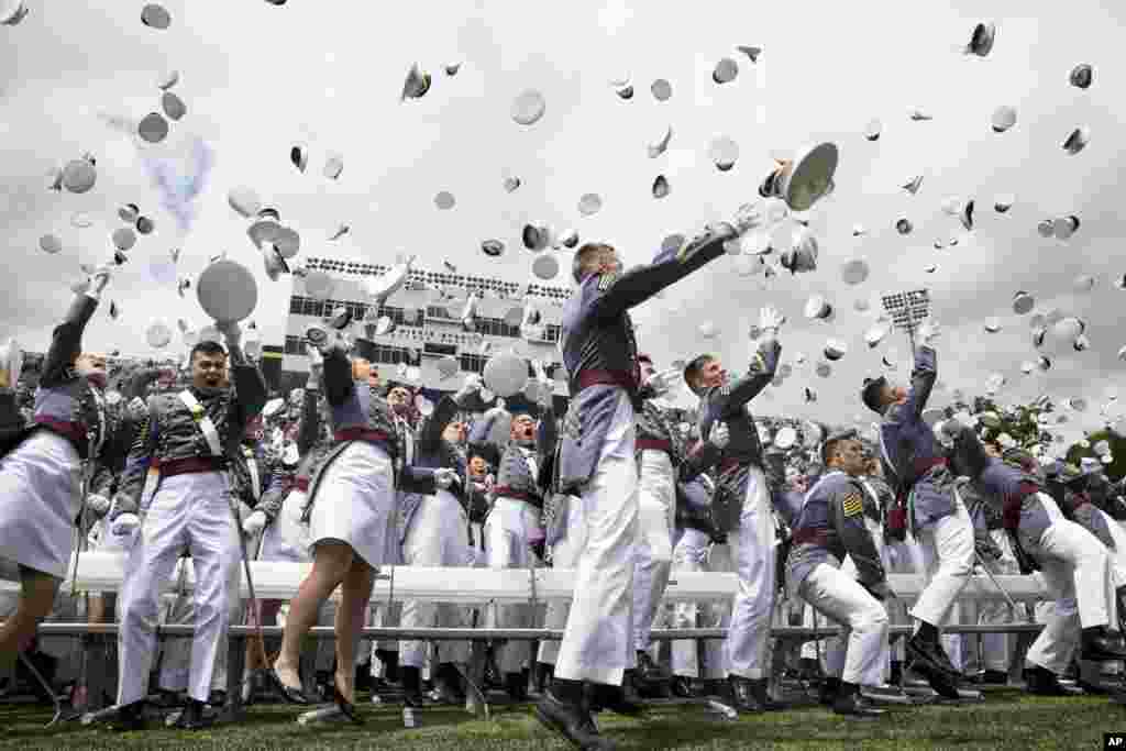 West Point cadets celebrate their graduation at the United States Military Academy, May 25, 2019, in West Point, New York.