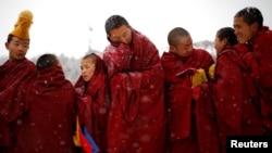 藏族僧人在甘南藏族自治州郎木寺参加宗教仪式。2019年2月17日