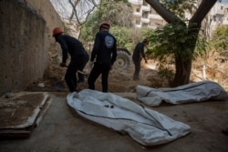 Employees of Raqqa’s Civil Defense dig in a garden looking for corpses of IS fighters and their families in Raqqa, Syria, Sept. 1, 2019. (Yan Boechat/VOA)