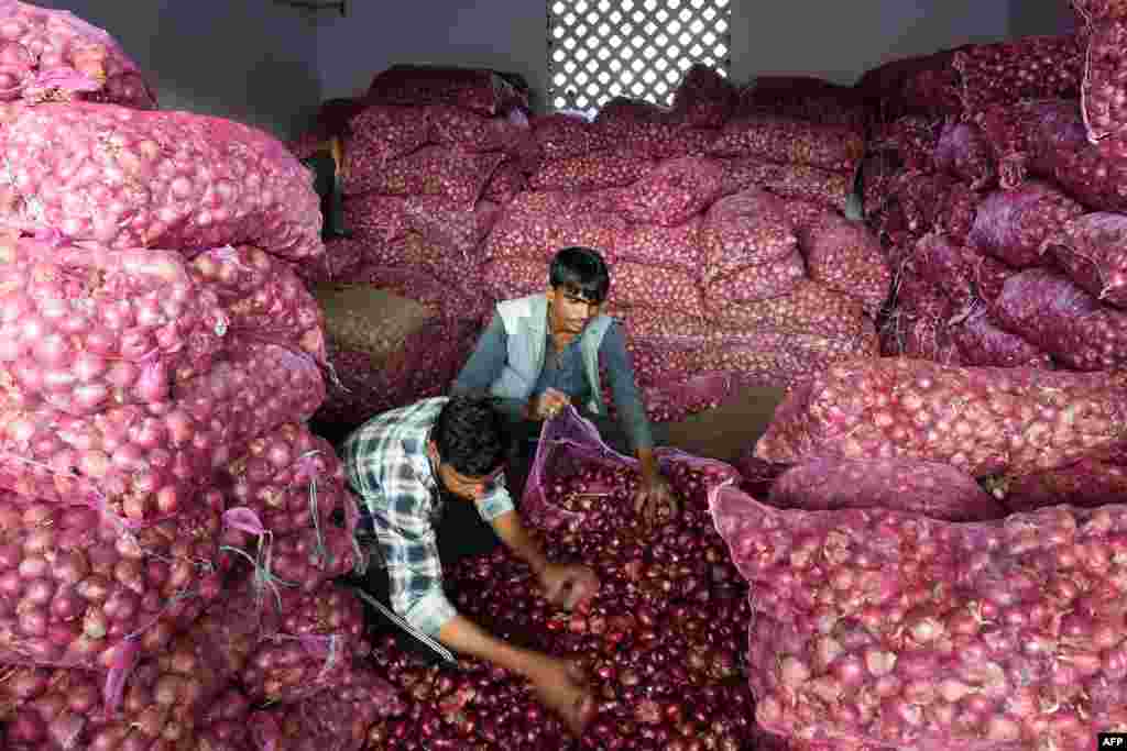 Laborers sort out onions in a shop at a market in Ahmedabad, India.
