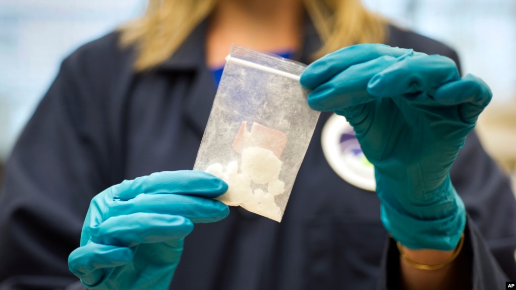 资料照片：2016年8月9日，美国缉毒局特工在弗吉尼亚州的实验室里展示一包芬太尼。（美联社照片）