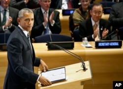 FILE - President Barack Obama address the Leaders Summit on Refugees during the meeting of the 71st session of the U.N. General Assembly at U.N. headquarters, Sept. 20, 2016.