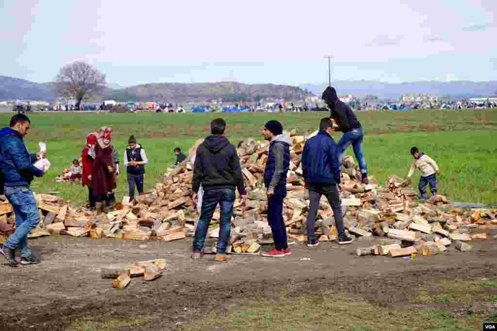 Locals deliver wood to migrants to use for fires, March 9, 2016. (J. Dettmer/VOA)