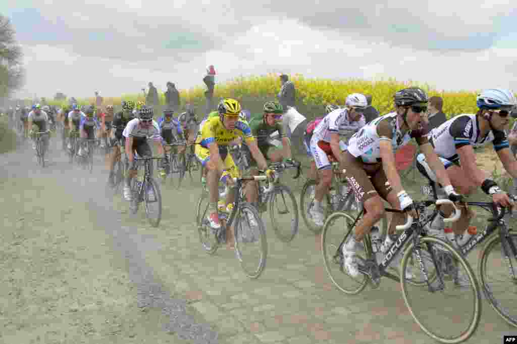 The pack rides through a cobblestoned section during the 112th edition of the Paris-Roubaix one-day classic cycling race between Compiegne and Roubaix, northern France.