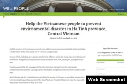 Thỉnh nguyện thư trên trang web "We the People" của nhà trắng, kêu gọi chính phủ Mỹ giúp điều tra vụ cá chết làm điêu đứng người dân ở miền Trung Việt Nam.