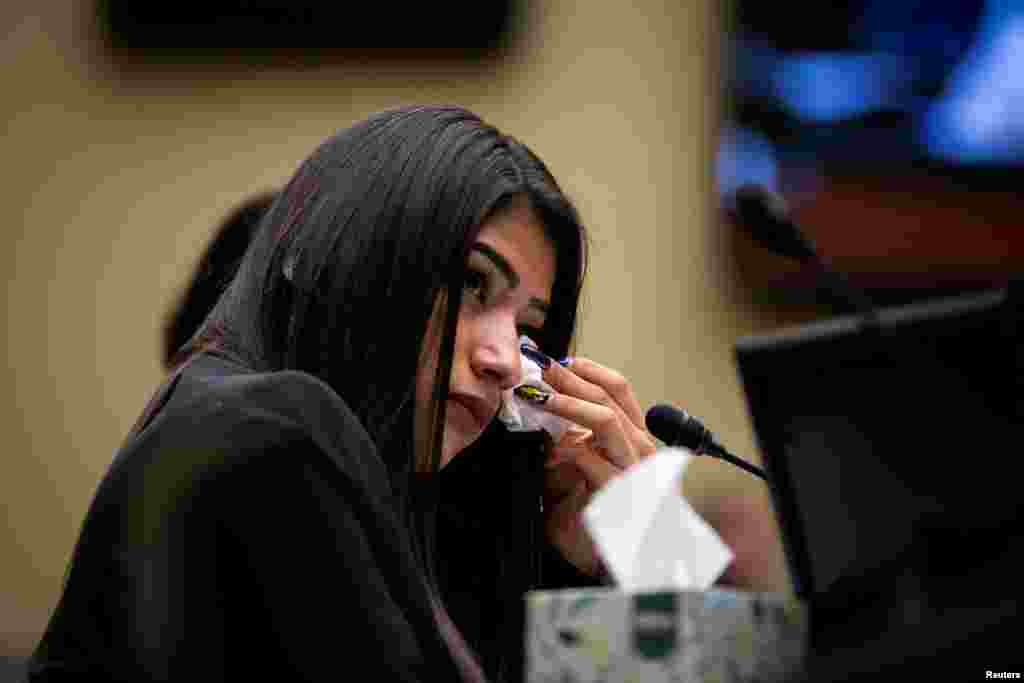 Yazmin Juarez, mother of 19-month-old Mariee, who died after detention by U.S. Immigration and Customs Enforcement (ICE), wipes away a tear as she testifies during a House Oversight Subcommittee on Civil Rights and Human Services hearing titled, &quot;Kids in Cages: Inhumane Treatment at the Border&quot; in Washington, D.C., July 10, 2019.