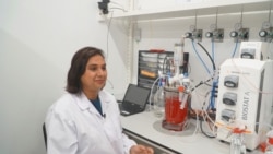 Sandhya Sriram, co-founder and chief executive officer at Shiok Meats, sits next to bioreactor where the last stage of lab-grown or cell-grown shrimp meat is taking place, in Singapore January 22, 2020. Picture taken January 22, 2020. REUTERS/Travis Teo