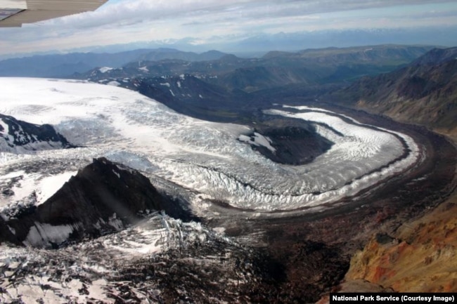 A view from above of a winding glacier, Wrangell-St. Elias National Park