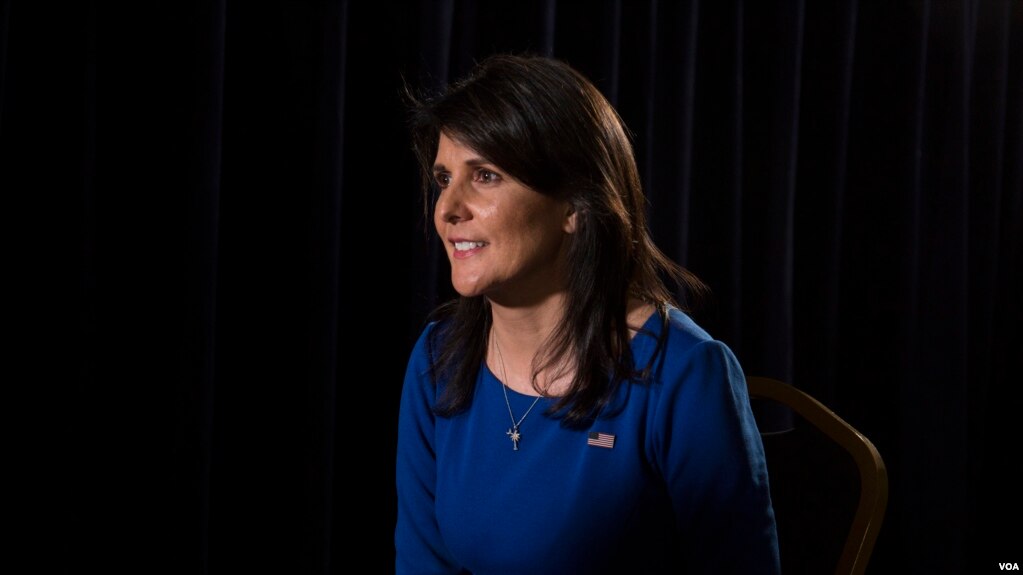 U.S. Ambassador to the United Nations Nikki Haley is interviewed by VOA contributor Greta Van Susteren (not pictured) in New York, Jan. 17, 2018. (R. Taylor/VOA)