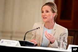 FILE - Facebook's head of global safety policy Antigone Davis speaks during an event at the White House, March 20, 2018.