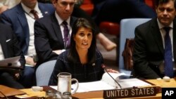 ທ່ານນາງ Nikki Haley ​ເອກ​ອັກຄະ​ລັດຖະທູດ​ສະຫະລັດ ປະຈຳ ​ອົງການ​ສະຫະ​ປະຊາ​ຊາດ ກ່າວຫຼັງຈາກທີ່ໄດ້ຮັບ ມະຕິການລົງໂທດຄັ້ງໃໝ່ຕໍ່ເກົາຫຼີເໜືອ ໃນກອງປະຊຸມ ທີ່ສຳນັກງານໃຫຍ່ ຂອງສະພາຄວາມໝັ້ນຄົງ ອົງການສະຫະປະຊາຊາດ, 11 ກັນຍາ 2017.