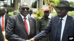 South Sudan's First Vice President Riek Machar, left, and President Salva Kiir, right, shake hands following the first meeting of a new transitional coalition government, in the capital Juba, April 29, 2016. 