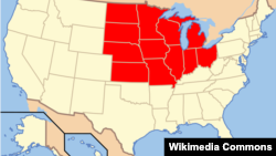 미 인구 조사국에 따른 미국 중서부 주. 