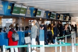 A view of the Alitalia check-in counter at Fiumicino International Airport as talks between Italy and the European Commission over the revamp of Alitalia are due to enter a key phase, in Rome, Italy, April 15, 2021.