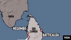 SRI LANKA shaded relief map, with COLOMBO, NEGOMBO and BATTICALOA locators, partial graphic