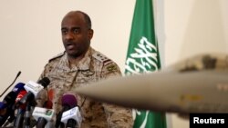 FILE - The official spokesman for the Saudi Ministry of Defense, General Ahmed Hassan al-Assiri, speaks during a news conference in Riyadh, March 26, 2015. 