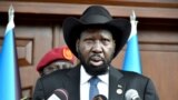 South Sudan's President Salva Kiir addresses the nation as it marks the 10th anniversary of independence, at the State House in Juba, South Sudan, July 9, 2021. 