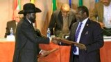 South Sudan's President Salva Kiir (front L) and rebel commander Riek Machar met in Addis Ababa in January 2015. Peace talks are due to resume on Saturday, Feb. 21.