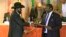 South Sudan's President Salva Kiir (front L) and rebel commander Riek Machar met in Addis Ababa in January 2015. Peace talks are due to resume on Saturday, Feb. 21.