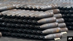 (FILE) Artillery projectiles are stacked during manufacturing process in the U.S.