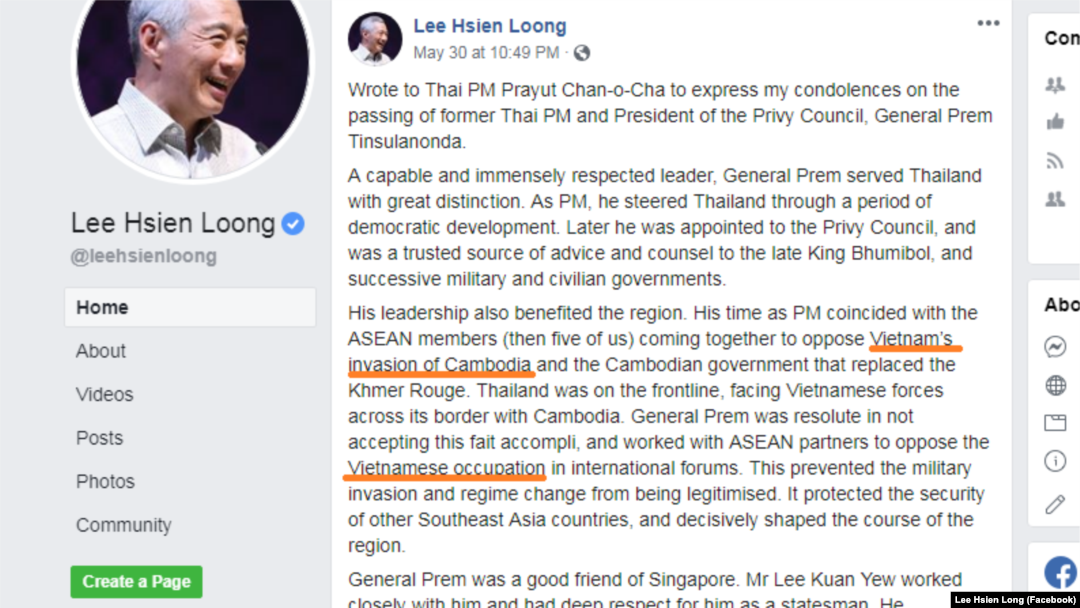 Phát biểu lên quan đến Việt Nam trên trang Facebook của Thủ tướng Singapore Lý Hiển Long.