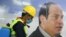 A member of medical team is seen beside a banner for the Egyptian President Abdel Fattah el-Sisi, as he sprays disinfectant in Cairo, Egypt, March 22, 2020.