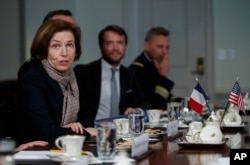 French Defense Minister Florence Parly speaks to media during a meeting with Acting Defense Secretary Patrick Shanahan at the Pentagon, March 18, 2019.