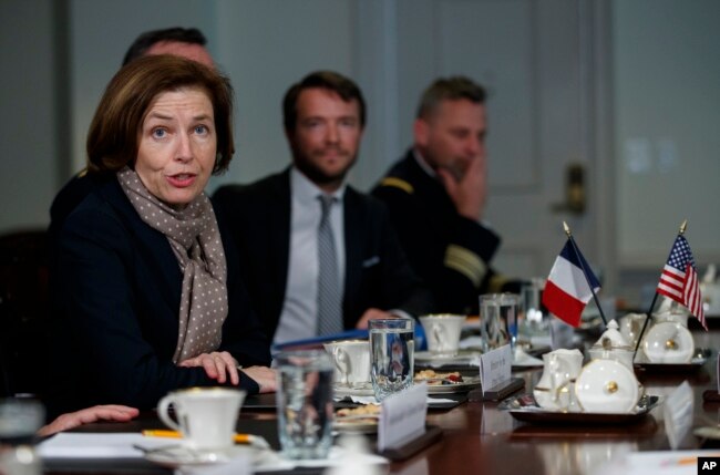 French Defense Minister Florence Parly speaks to media during a meeting with Acting Defense Secretary Patrick Shanahan at the Pentagon, March 18, 2019.