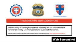 Esta captura de pantalla de la Universidad de Farmington muestra que el sitio web ha sido cerrado.