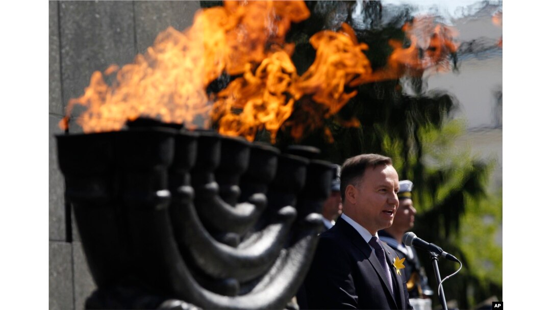 Poland's President Andrzej Duda speaks during state ceremonies in homage to the victims and fighters of the 1943 Warsaw Ghetto Uprising.