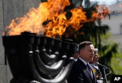 Poland's President Andrzej Duda speaks during state ceremonies in homage to the victims and fighters of the 1943 Warsaw Ghetto Uprising.