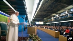 Pope Francis delivers his speech during a session of the United Nations Food and Agriculture Organization (FAO) second International Conference on Nutrition, in Rome, Thursday, Nov. 20, 2014.