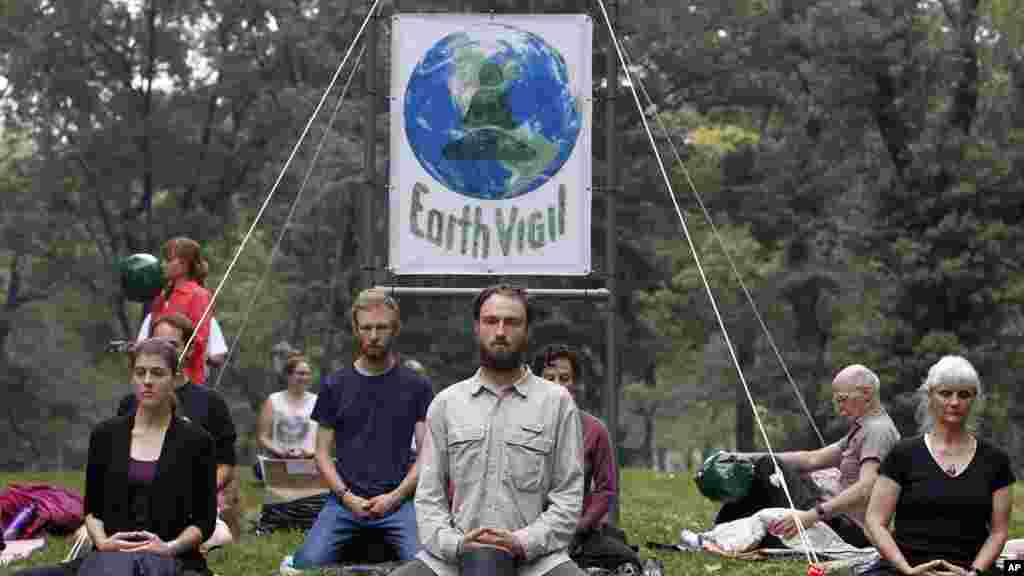 Demonstrators gather in Central Park before the People's Climate March, in New York, Sept. 21, 2014.