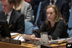 Kelley Currie, the U.S. ambassador on the Economic and Social Council of the United Nations, speaks during a Security Council meeting on the situation in Syria, Feb. 22, 2018, at U.N. headquarters.