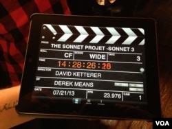 Updating Shakespeare for a modern audience includes using an iPad slate at the start of each take. (Ashley Milne-Tyte for VOA)