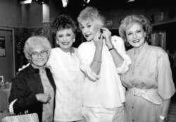 FILE - Actors from the television series "The Golden Girls" stand together during a break in taping in Hollywood, Dec. 25, 1985. From left are Estelle Getty, Rue McClanahan, Bea Arthur and Betty White.